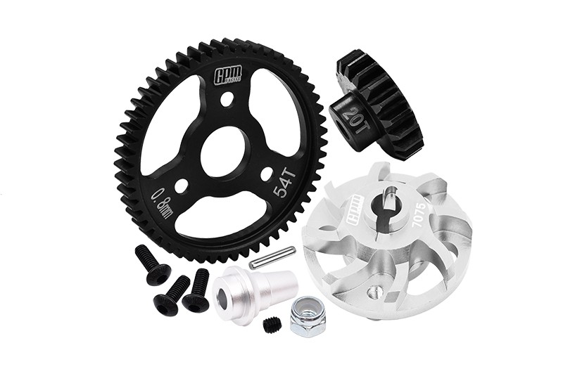 7075 ALLOY SPUR GEAR ADAPTER WITH STEEL 32 PITCH 54T SPUR GEAR & 20T MOTOR GEAR