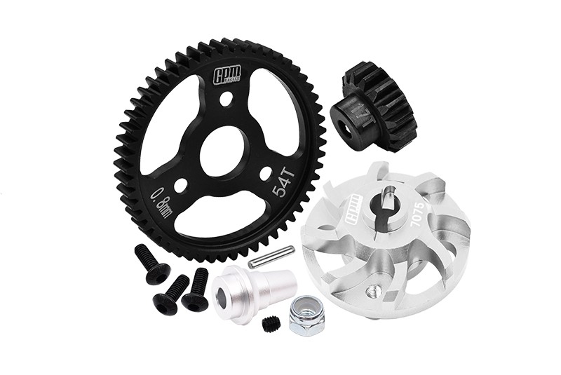 7075 ALLOY SPUR GEAR ADAPTER WITH STEEL 32 PITCH 54T SPUR GEAR & 17T MOTOR GEAR