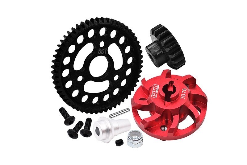 7075 ALLOY SPUR GEAR ADAPTER WITH STEEL 32 PITCH 56T SPUR GEAR & 18T MOTOR GEAR