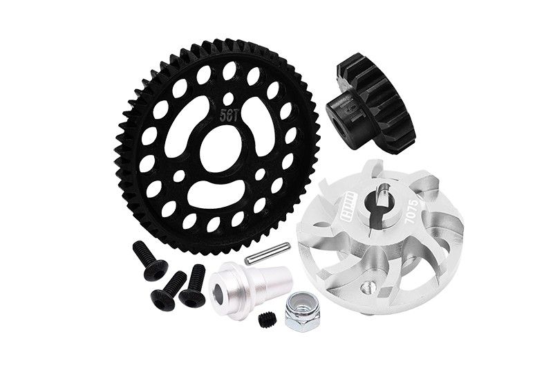 7075 ALLOY SPUR GEAR ADAPTER WITH STEEL 32 PITCH 56T SPUR GEAR & 19T MOTOR GEAR