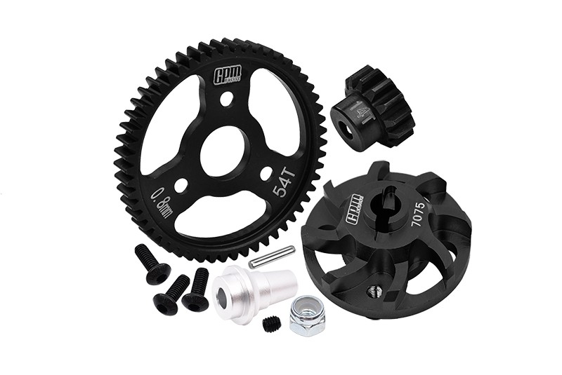 7075 ALLOY SPUR GEAR ADAPTER WITH STEEL 32 PITCH 54T SPUR GEAR & 14T MOTOR GEAR