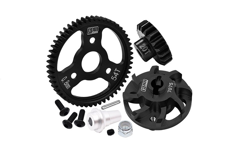 7075 ALLOY SPUR GEAR ADAPTER WITH STEEL 32 PITCH 54T SPUR GEAR & 20T MOTOR GEAR